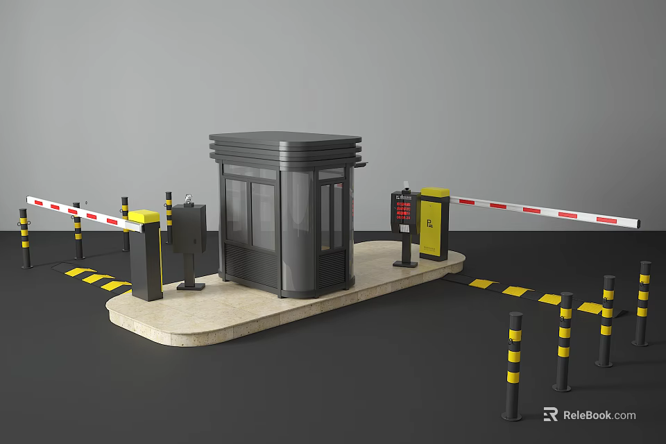Gray Security Booth Setup With Barriers Black And Yellow Bollards And Warning Lines 3d model 