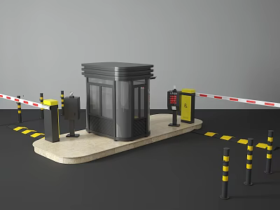 Gray Security Booth Setup With Barriers Black And Yellow Bollards And Warning Lines 3d model