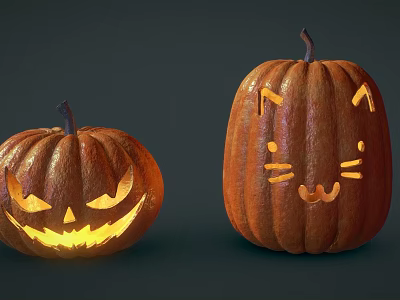 Decorative Lights Inside Pumpkin Lanterns With Different Carved Faces Illuminated For Halloween Decoration 3d model