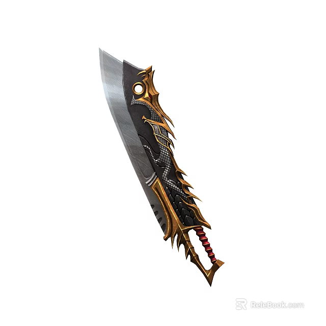Fantasy Decorative Weapon Blade with Golden Ornate Patterns Red Handle and Silver Sharp Edge 3d model 