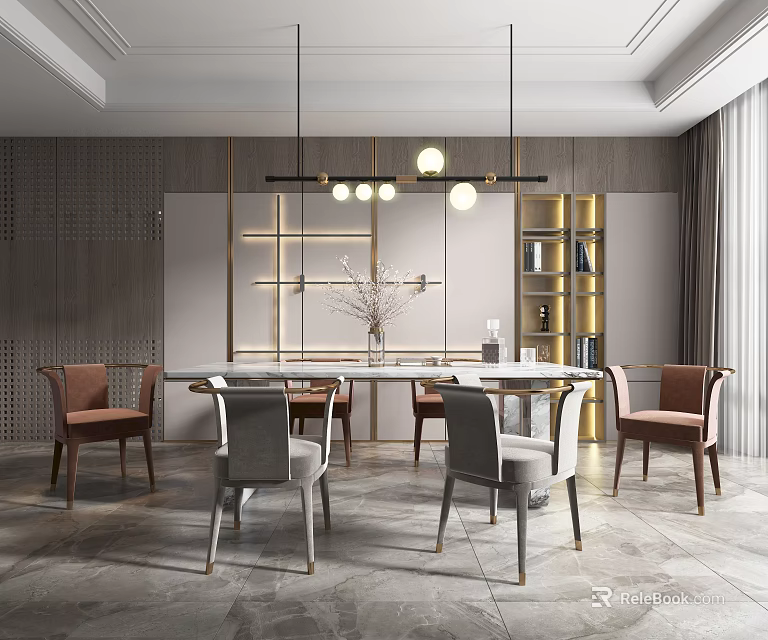 Modern Restaurant Interior With Round Table Gray Brown Chairs Gold Pendant Lights And Wooden Wall 3d model 