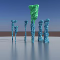 Green And Blue Stone Wood Columns 3D Model With Blue Sky Gray Ground