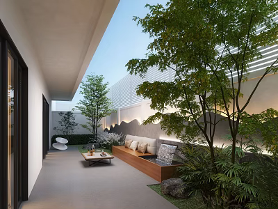 Cozy Modern Courtyard Garden With Wooden Bench Green Trees Stone Features And Outdoor Lighting 3d model