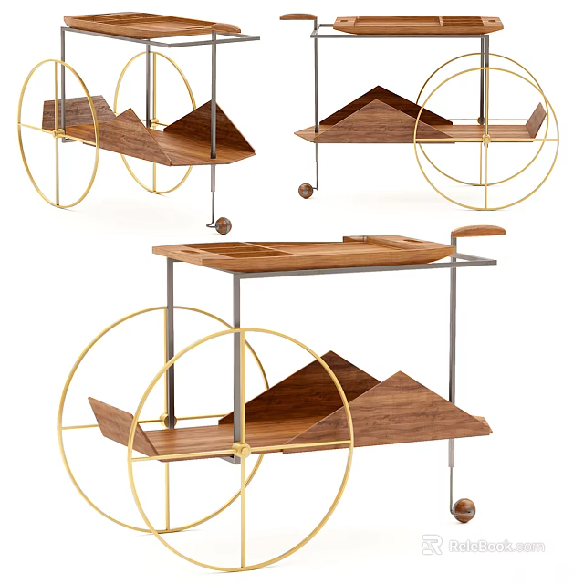 Elegant Wooden Tea Cart With Gold Metal Frame Shelves And Rolling Wheels 3d model 
