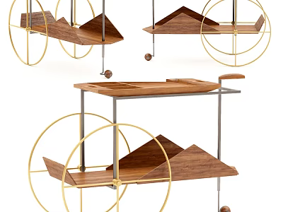 Elegant Wooden Tea Cart With Gold Metal Frame Shelves And Rolling Wheels 3d model