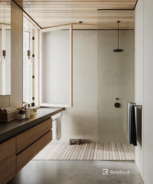 Modern Bathroom Interior With Minimalist Design Wooden Countertop Shower Area And Window Blinds 3d model 