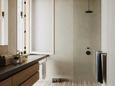 Modern Bathroom Interior With Minimalist Design Wooden Countertop Shower Area And Window Blinds 3d model