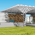 Modern Entrance Gate With Geometric Perforated Canopy Wooden Panels Glass Wall And Stone Ground