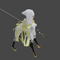 Game Movie Character In White Outfit Yellow Cape Black White Stripes And Spear Design