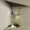 Japanese Zen Indoor Landscape With Calligraphy Wall Dried Branch Stones Moss Lighting And Pebble Floor