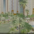 Garden Landscape Featuring High Rise Residential Buildings Palm Trees Swimming Pool Sun Umbrellas And Green Plants