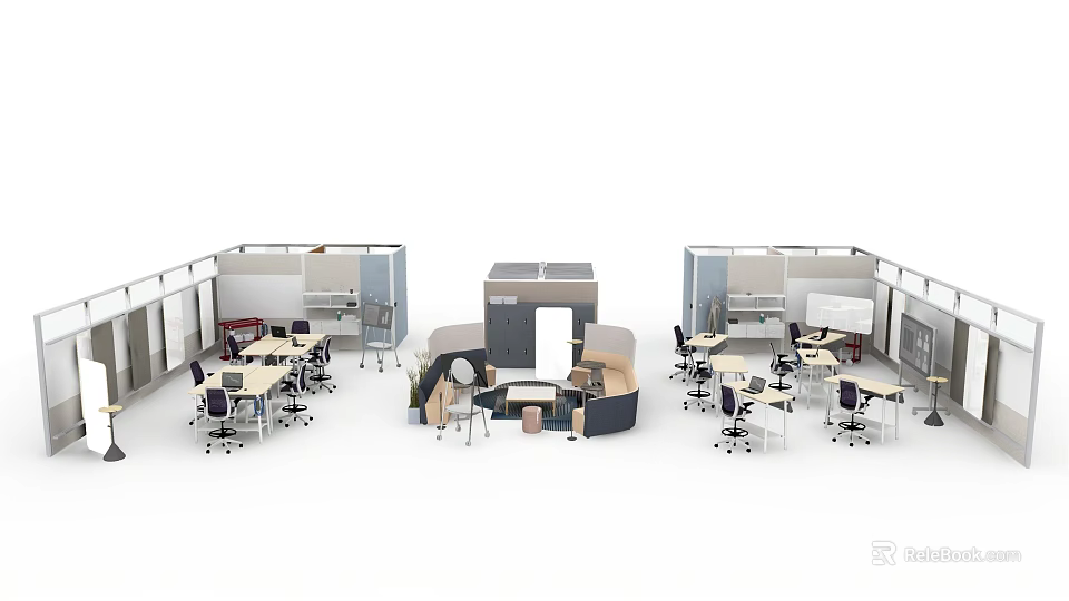 Modern Office Workspace With Open Layout Multiple Desks Cubicles And Chairs 3d model