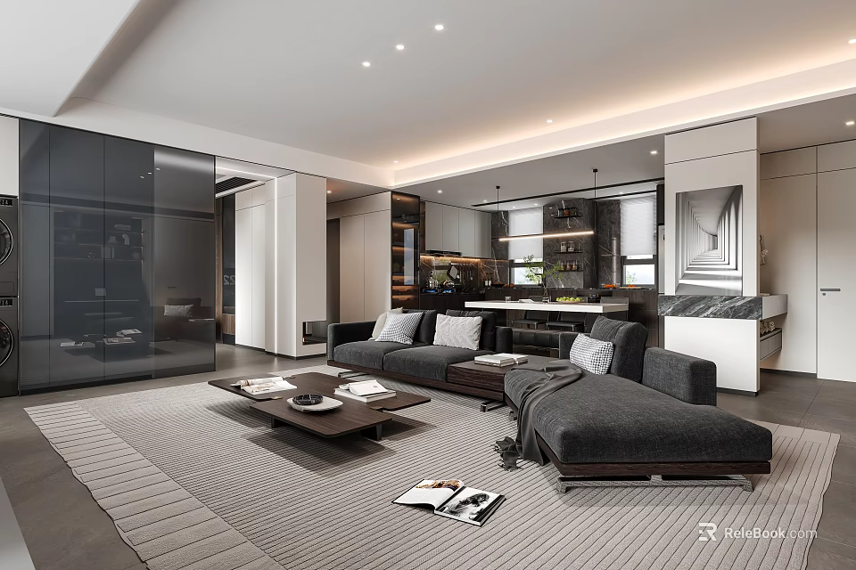 Modern Living And Dining Room Interior With Gray Sofa Coffee Table And Open Kitchen 3d model