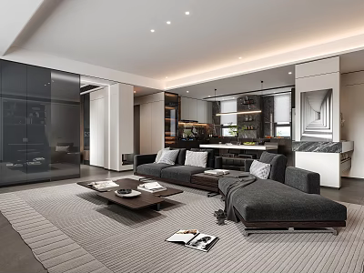 Modern Living And Dining Room Interior With Gray Sofa Coffee Table And Open Kitchen 3d model