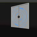 Futuristic Gray Door With Blue Circular Rings And Central Black Panel Shiny Reflection On Floor
