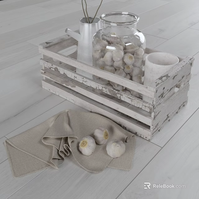 White Wooden Storage Shelf With Glass Jar Filled With Garlic Cloves And Linen Cloth 3d model 