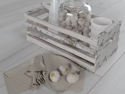 White Wooden Storage Shelf With Glass Jar Filled With Garlic Cloves And Linen Cloth 3d model