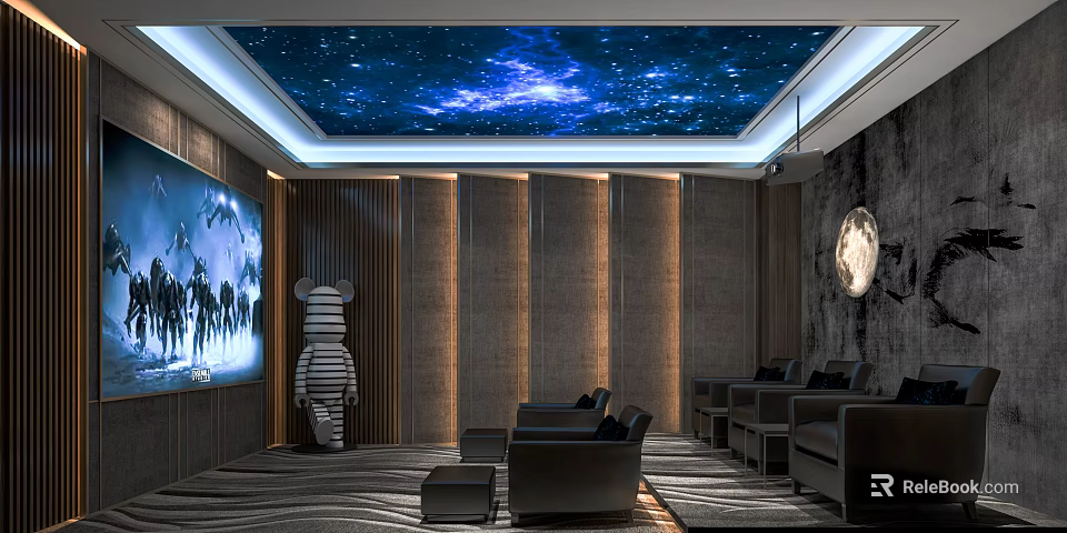 Home Theater Interior Design With Starry Sky Ceiling Large Screen And Comfortable Seats 3d model