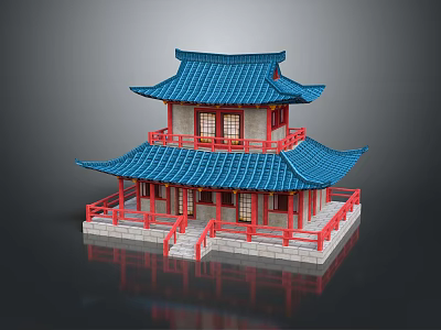 Cartoon Scene Featuring Two Story Chinese Style Building Blue Roof Red Frame Railings Steps 3d model