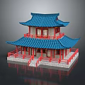 Cartoon Scene Featuring Two Story Chinese Style Building Blue Roof Red Frame Railings Steps