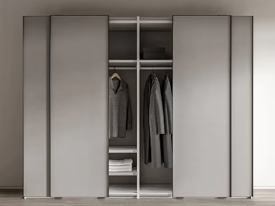 Modern Sliding Door Wardrobe With Hanging Rods Shelves And Neutral Design 3d model