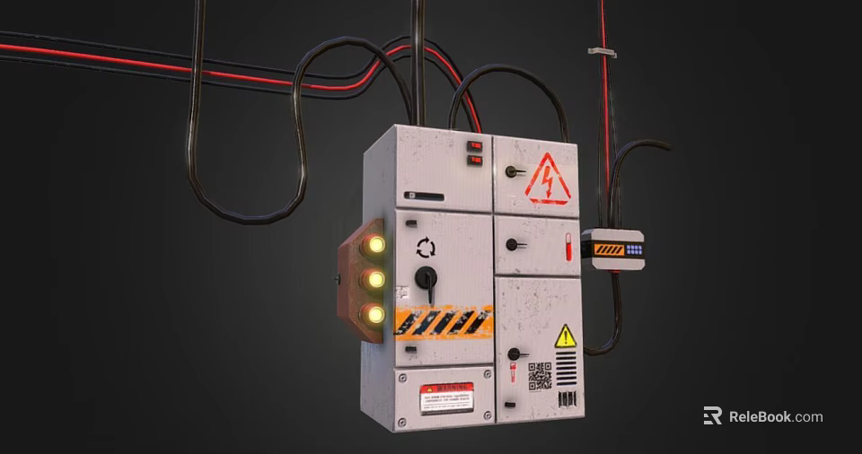 Industrial Switch Panel With Warning Signs Indicator Lights And Connected Wires 3d model 