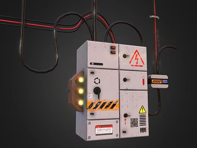 Industrial Switch Panel With Warning Signs Indicator Lights And Connected Wires 3d model