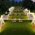 Garden Landscape At Night With White Tents String Lights And People Sitting On Grass