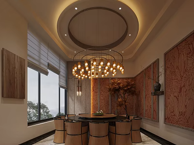 Elegant Private Dining Room With Round Table Chandelier And Large Windows 3d model