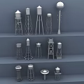 Industrial Equipment Featuring Various Water Tower Models Arranged in Three Layers