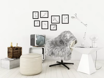 Furry Armchair With Vintage TV Framed Pictures Floor Lamp And Ottoman In Cozy Interior 3d model