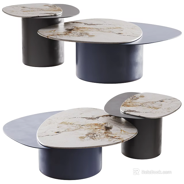 Modern Irregular Marble Top Nesting Coffee Table Set With Sturdy Cylindrical Dark Metal Base 3d model 