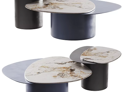 Modern Irregular Marble Top Nesting Coffee Table Set With Sturdy Cylindrical Dark Metal Base 3d model