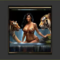 Decorative Square Frame Furniture With Tiger Print Woman And Tigers Waterfall Background Artwork