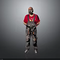 Man in Red T-shirt and Gray Overalls Wearing Gas Mask Standing Against Gray Background