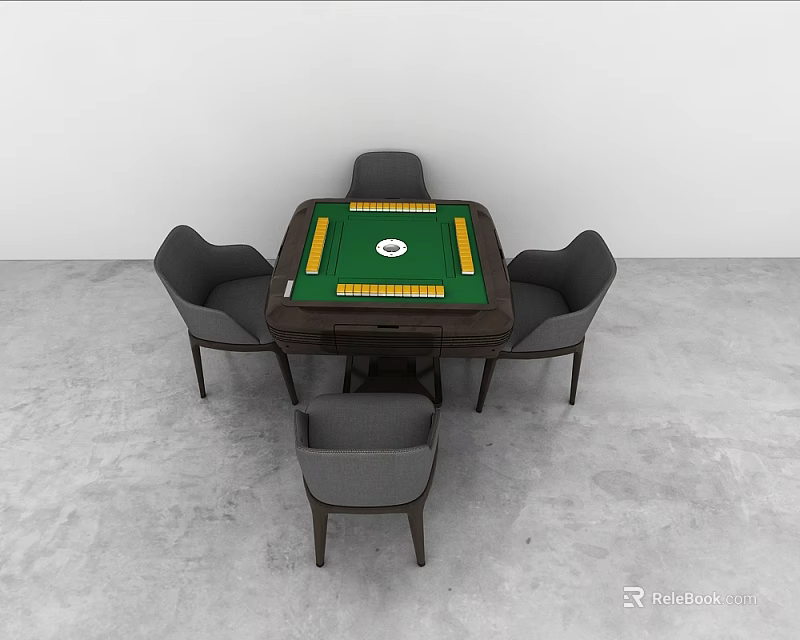 Entertainment Table with Green Surface Round Center Design Yellow Chip Slots and Four Gray Chairs 3d model 
