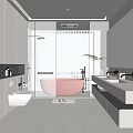 Modern Bathroom Interior With Pink Bathtub Glass Shower And Double Vanity Countertop