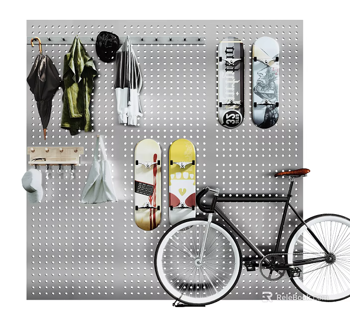 Pegboard Wall with Hanging Umbrellas Coats Scarves Skateboards and Bicycle Leaning Against 3d model 