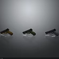 Three Different Colored Pistols Displayed On Black Background With Reflective Surfaces
