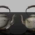 Vintage White Enamel Teapots With Cracked Speckled Finish And Metal Handles And Wooden Accents