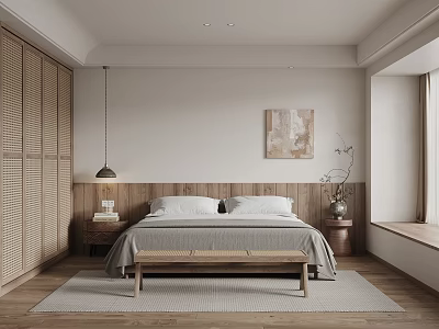 Modern Bedroom Interior With Wooden Wardrobe Upholstered Bed Wall Art Pendant Light And Area Rug 3d model