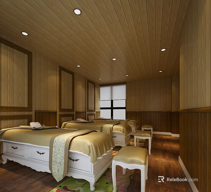 SPA Sauna Room Interior With Wooden Walls Ceiling White Beds And Golden Blankets 3d model 