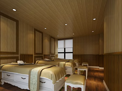 SPA Sauna Room Interior With Wooden Walls Ceiling White Beds And Golden Blankets 3d model