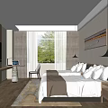 Modern Hotel Guest Room With Twin Beds Desk Chair Window Curtains Rug And Decorative Painting
