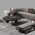 Modern Light Gray Sofa Coffee Table Set With Round Black Table Decorative Items And Rug 3d model