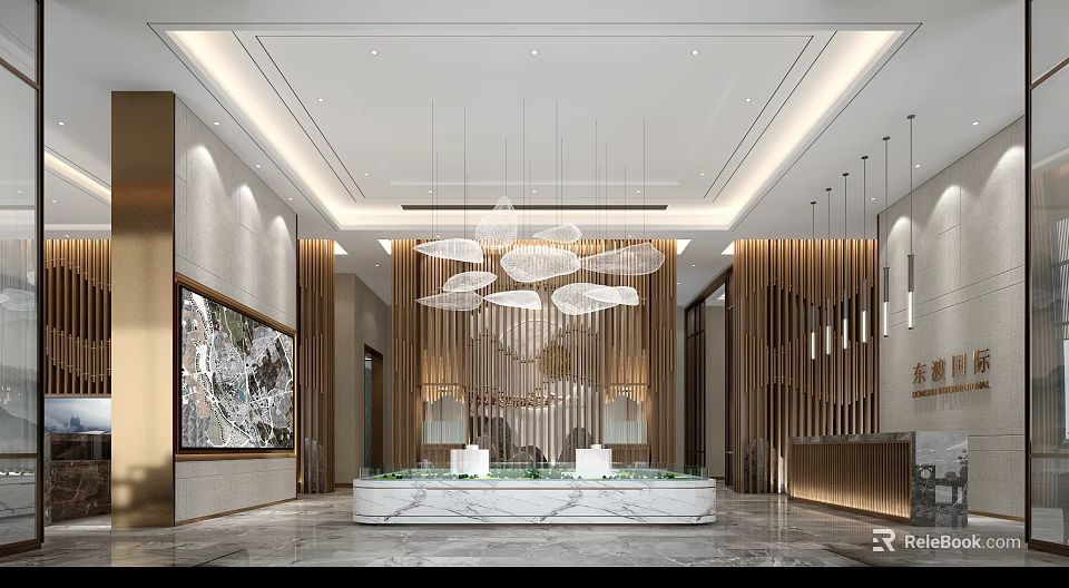 Modern Sales Office Interior With Hanging Pendant Lights Wooden Panel Walls And Marble Reception Desk 3d model 