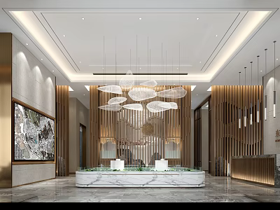 Modern Sales Office Interior With Hanging Pendant Lights Wooden Panel Walls And Marble Reception Desk 3d model