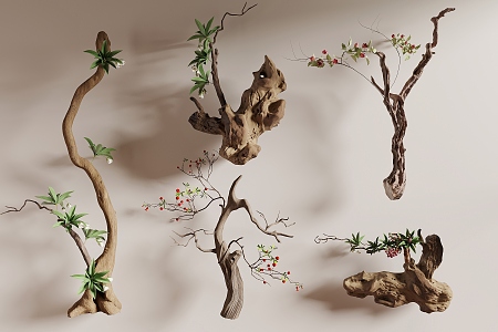 deadwood green plant ornaments old wood green plant potted dead branches 3d model