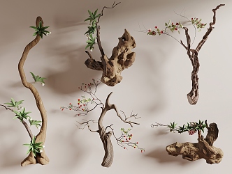 deadwood green plant ornaments old wood green plant potted dead branches 3d model