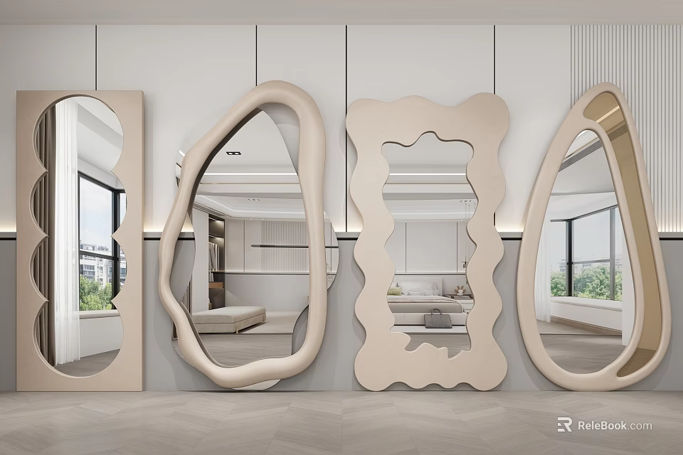 Modern Unique Shaped Mirrors Mounted On Wall Reflecting Interior Room Design 3d model 
